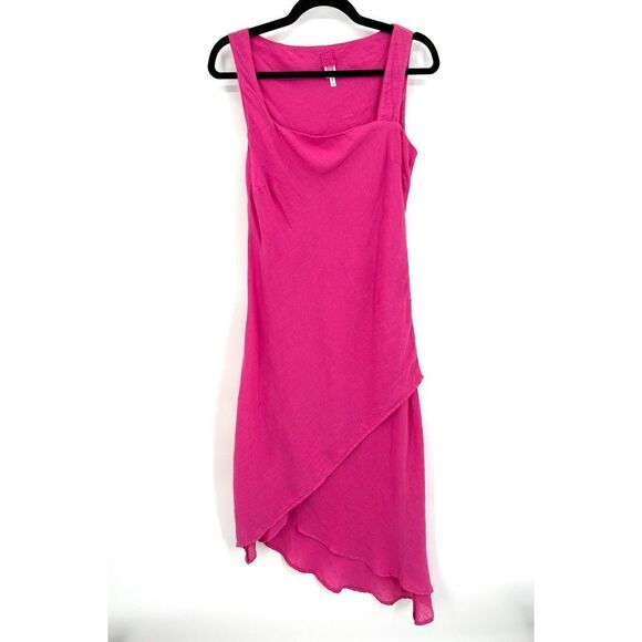 120% LINO Barbie Pink 100% Linen Sleeveless Asymmetrical Midi Dress Size Medium - Picture 1 of 6